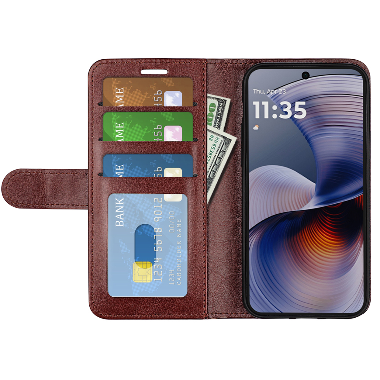 Bruine telefoonhoes met kaarten en contant geld. De telefoon toont datum en tijd.