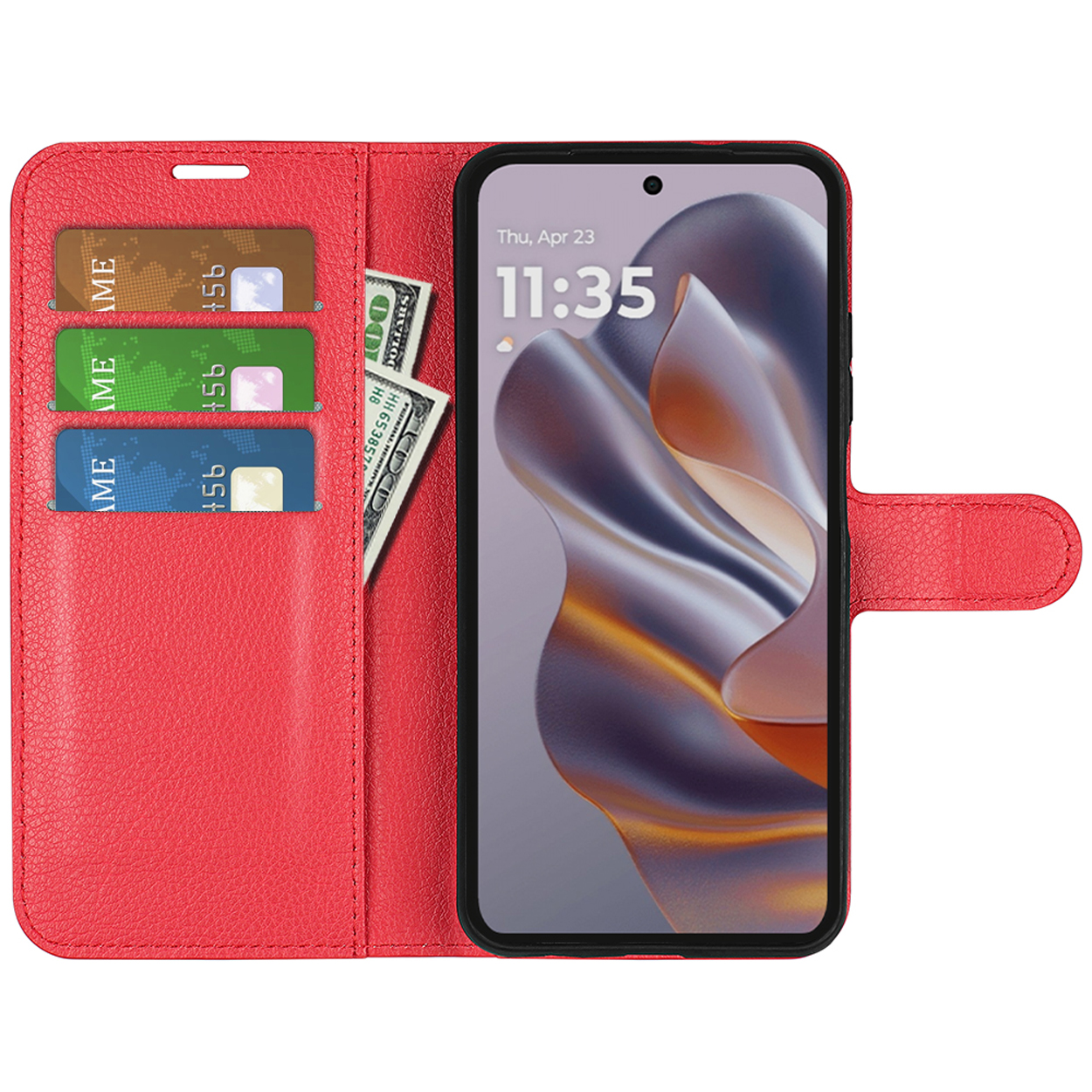 Étui de téléphone rouge avec cartes et argent. Le téléphone affiche la date et l'heure. L'étui est ouvert.