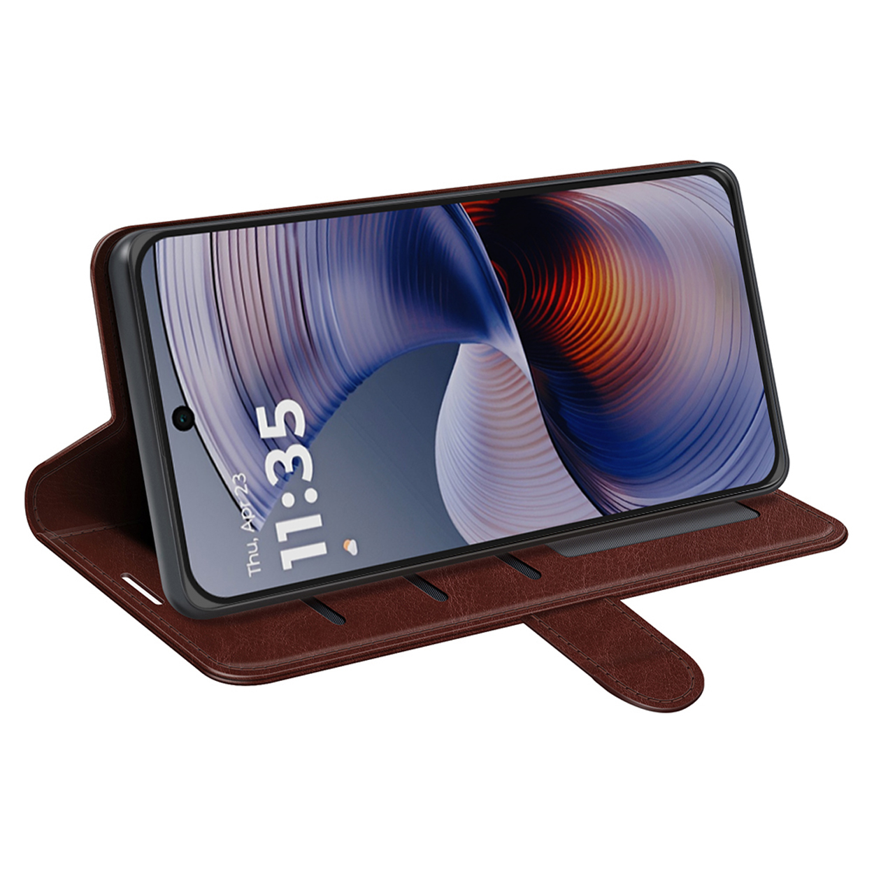 Bruine telefoon in een hoesje, omhooggeklapt. Het scherm is verlicht en toont een afbeelding. Tijd is zichtbaar.