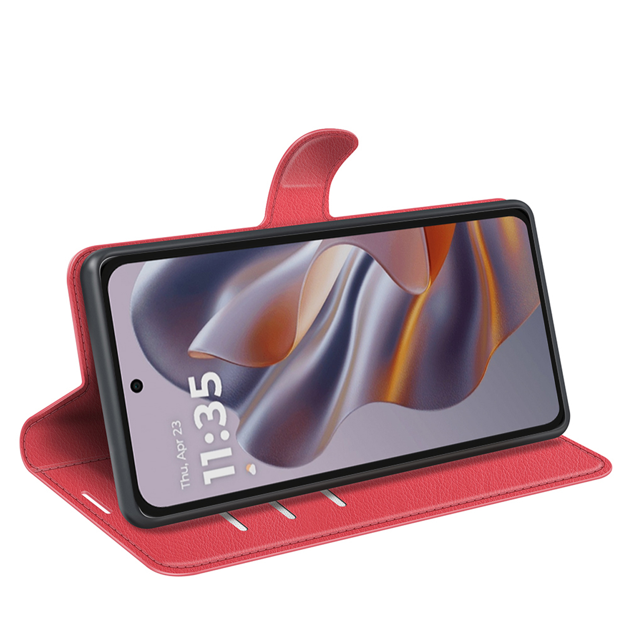 Étui de téléphone rouge ouvert, affichant l'heure et la date. Cuir rouge.