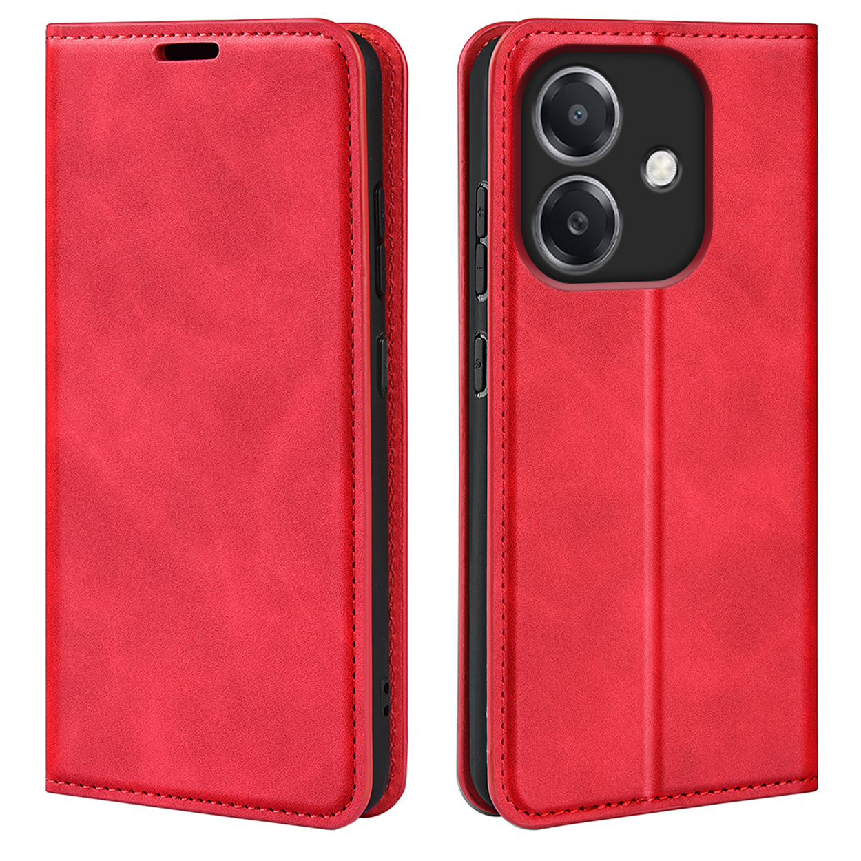 Rode telefoonhoes open en dicht, met stikseldetails. De telefoon heeft twee camera's.