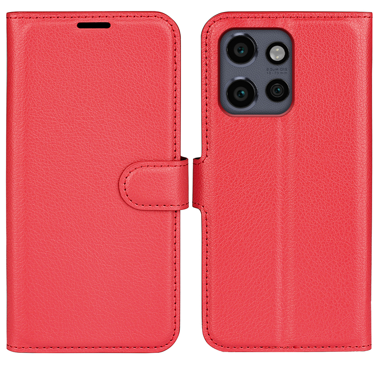 Étui de téléphone rouge, fermé et ouvert, montrant le téléphone.