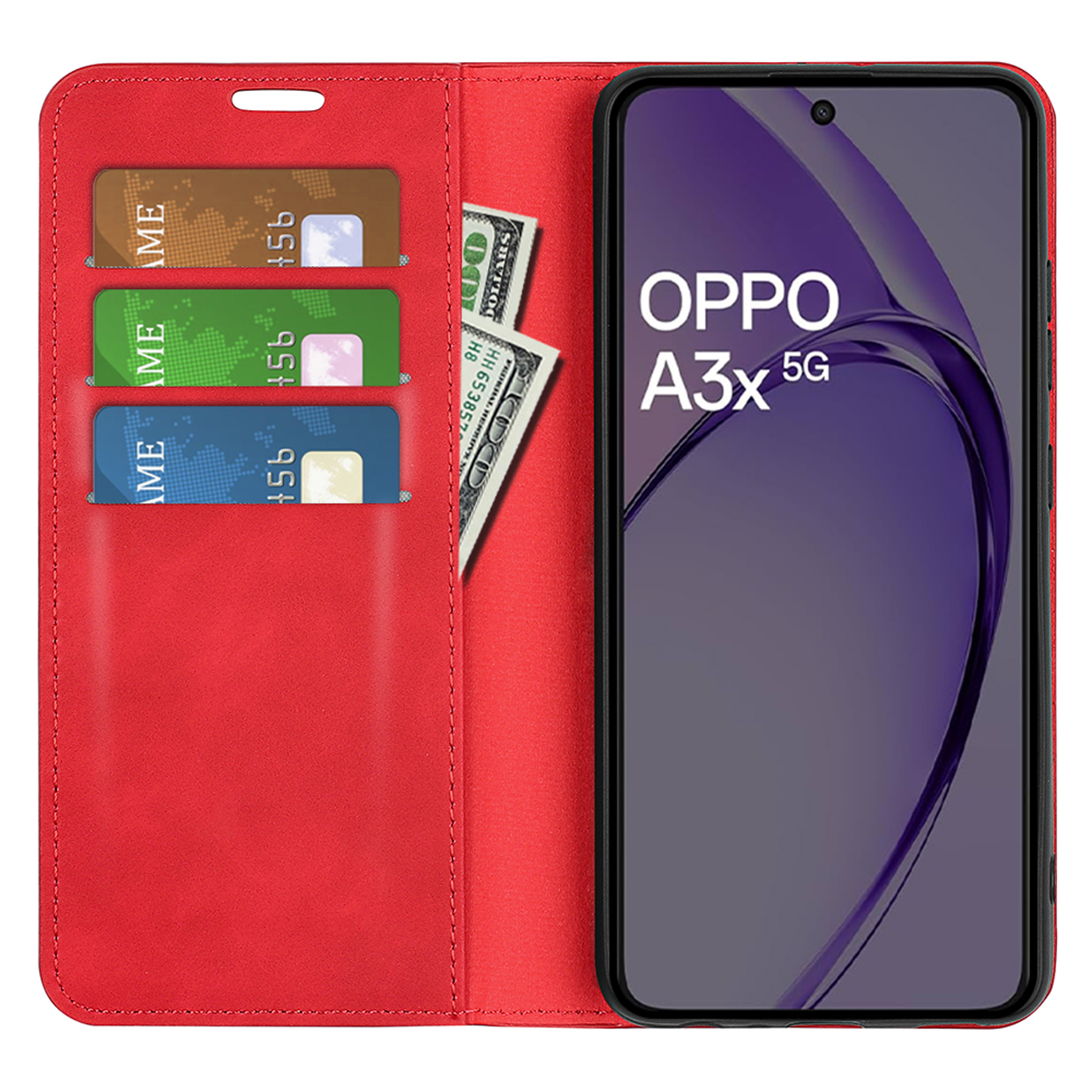 Rode telefoonhoes open met kaarten, geld en een telefoon die Oppo A3x 5G weergeeft.
