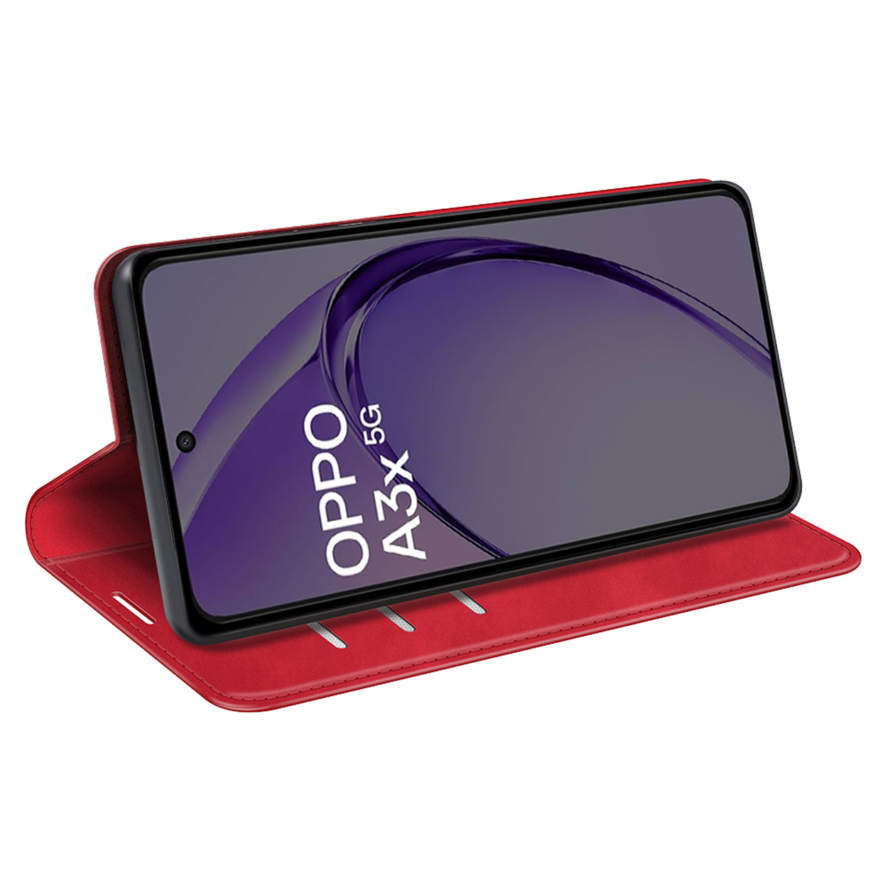 Rode telefoonhoes met een OPPO-telefoon erin. Het scherm toont een paars ontwerp. De achtergrond is wit.
