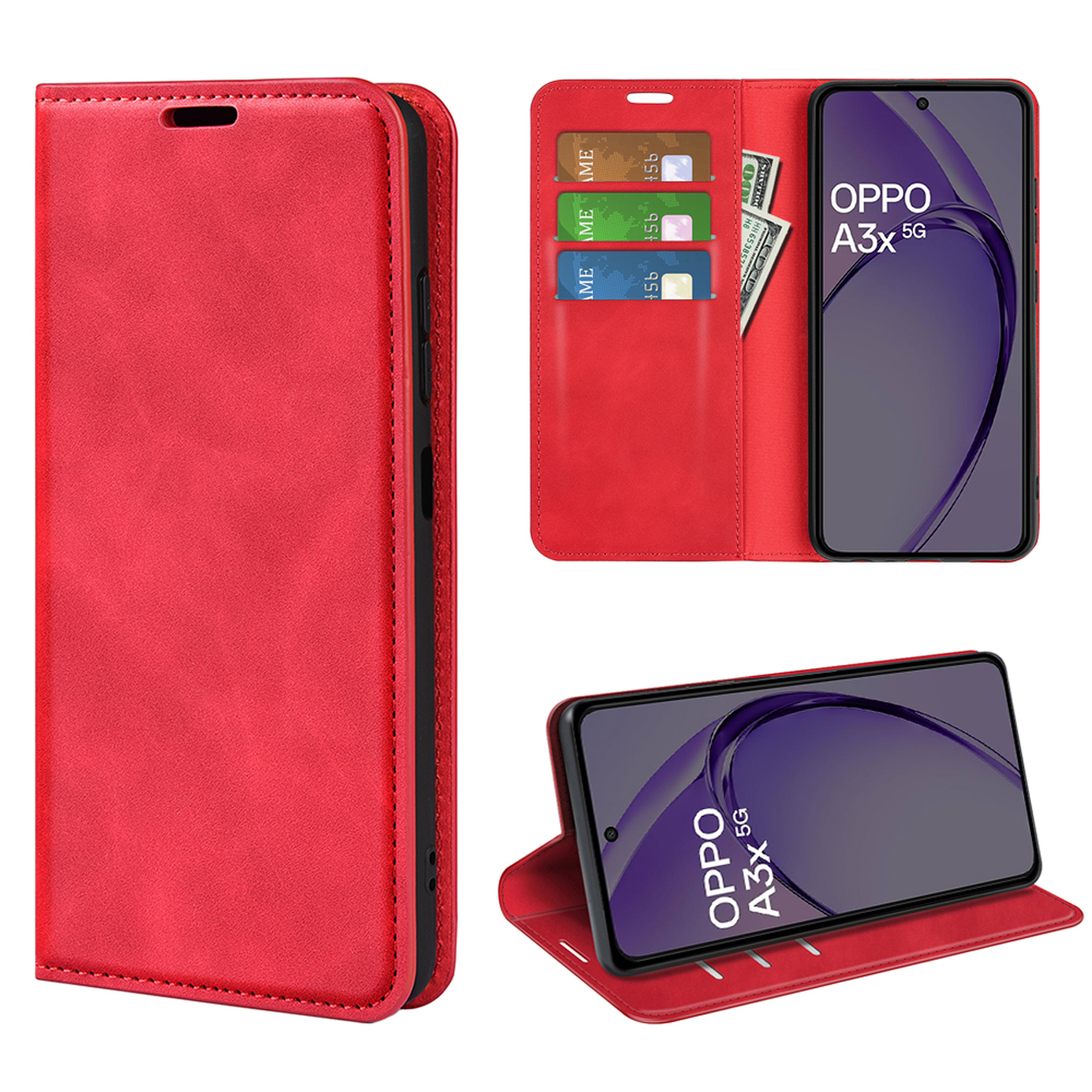 Rode telefoonhoes, open, met telefoon, kaarten en contant geld. OPPO A3x 5G telefoon zichtbaar.
