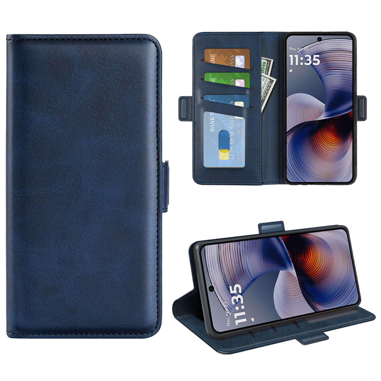 Blauwe telefoonhoes, open om telefoon, kaarten en contant geld te tonen. Telefoon toont de tijd.