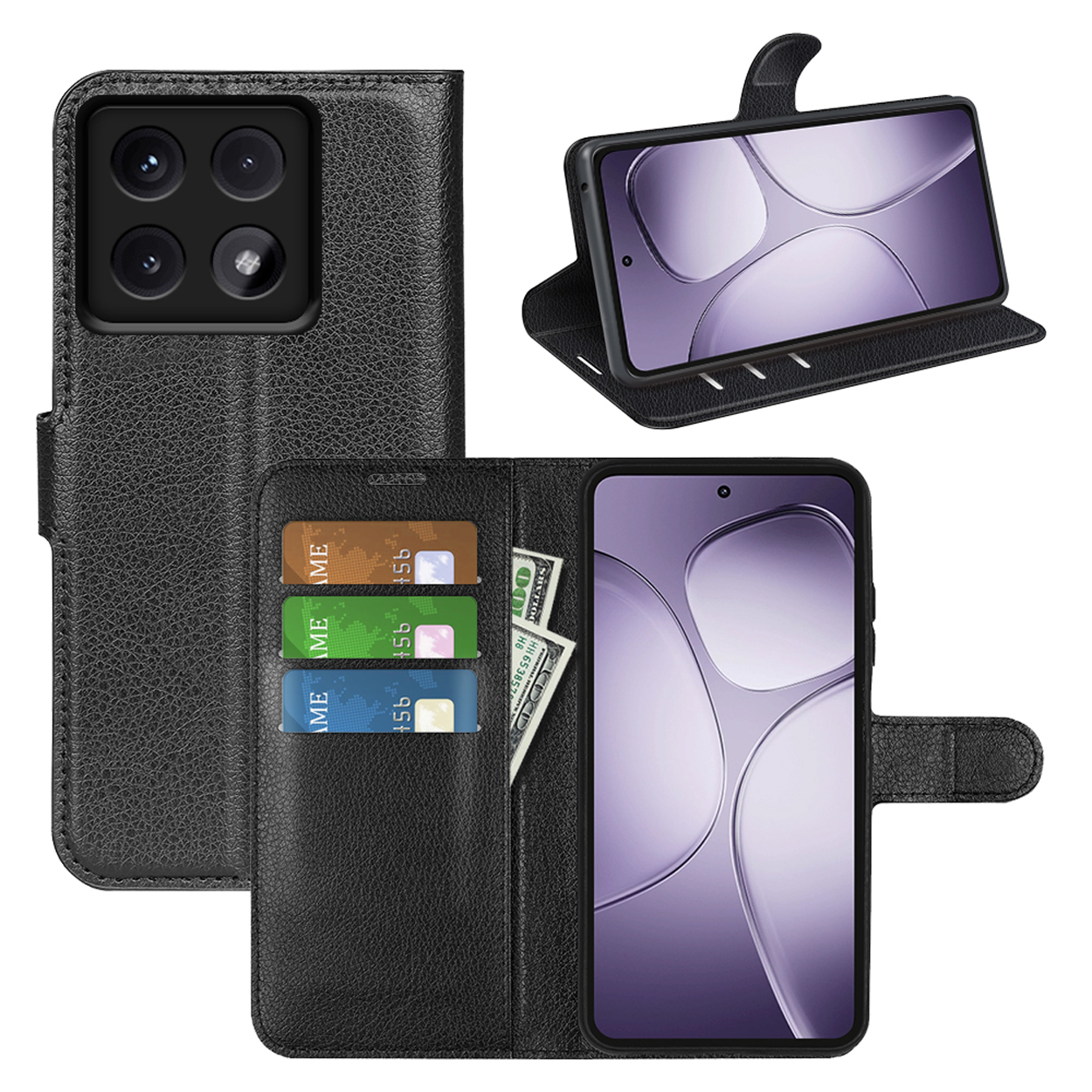 Étui de téléphone noir avec téléphone, cartes et argent. Le téléphone affiche un motif violet.
