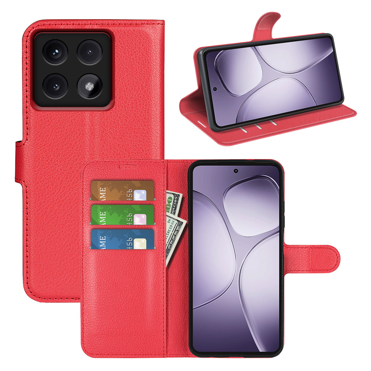 Étui de téléphone rouge avec cartes, argent et un téléphone. Aussi un téléphone sur un support.