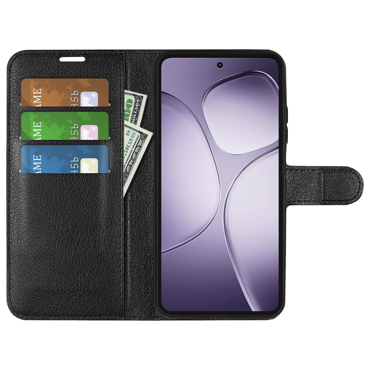 Étui de téléphone en cuir noir avec cartes et argent visibles. Un écran de téléphone est également visible.