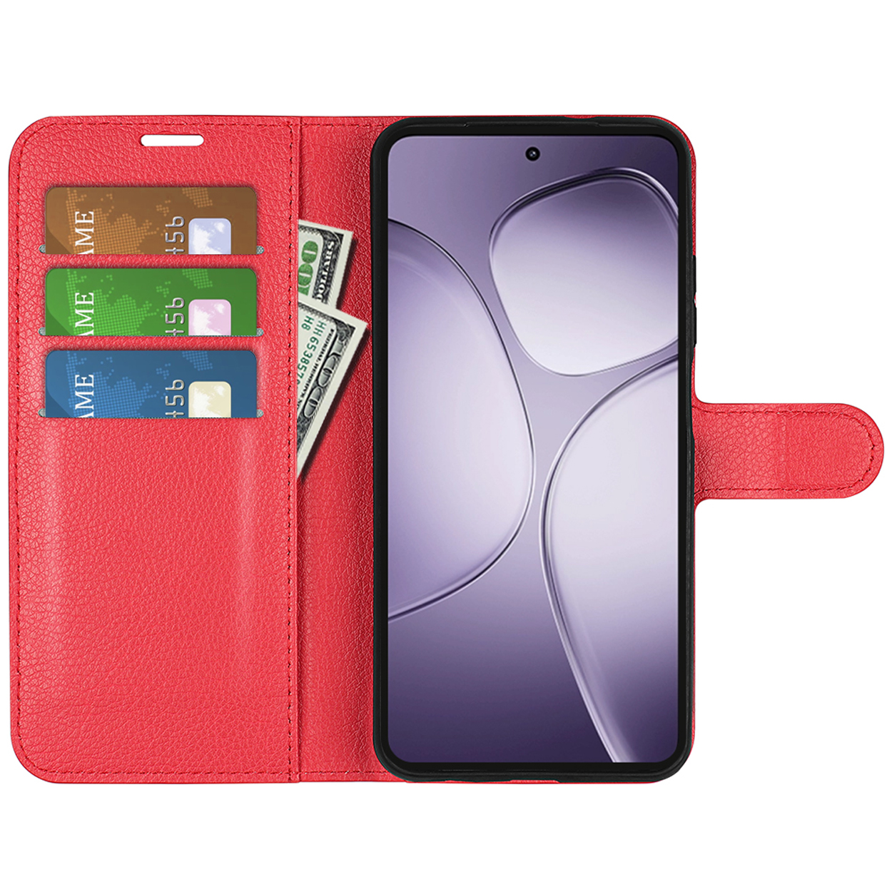 Étui rouge avec téléphone, cartes et argent. L'écran du téléphone est visible.