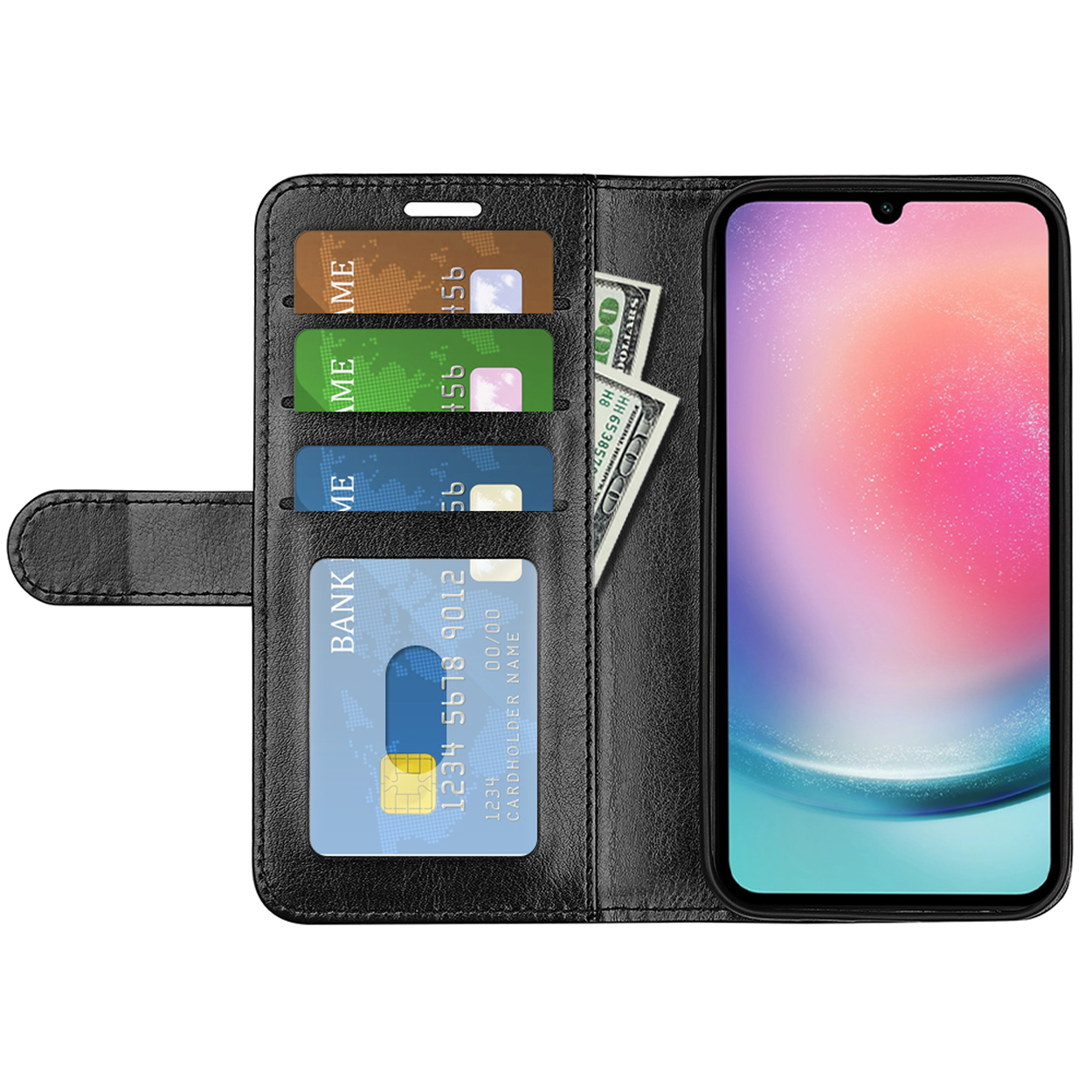 Zwarte telefoonhoes met kaarten, contant geld en een telefoon. Kaarten: bruin, groen, blauw. De telefoon toont een kleurrijke achtergrond.