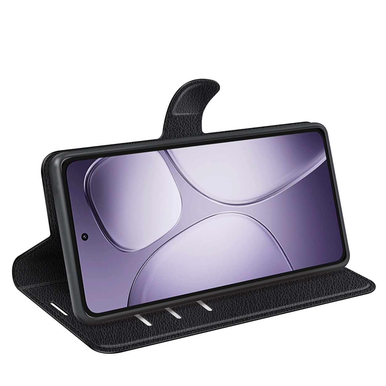 Étui de téléphone noir avec un téléphone à l'intérieur. L'écran du téléphone est allumé. Le fond est blanc.