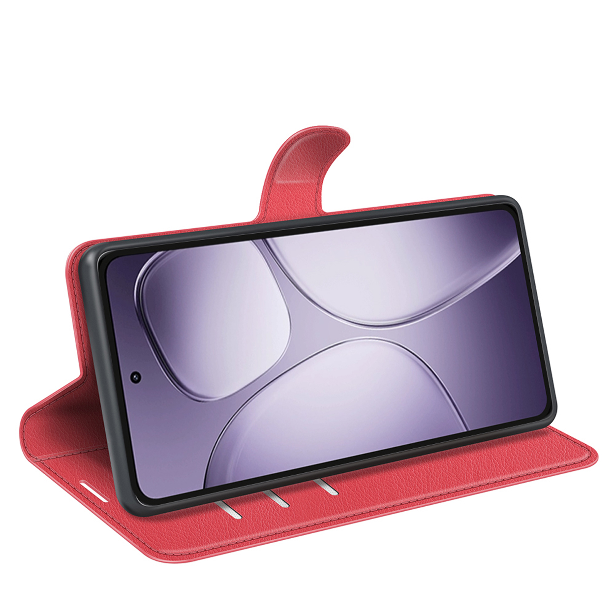 Étui de téléphone rouge ouvert. À l'intérieur, un téléphone affiche une image violette.