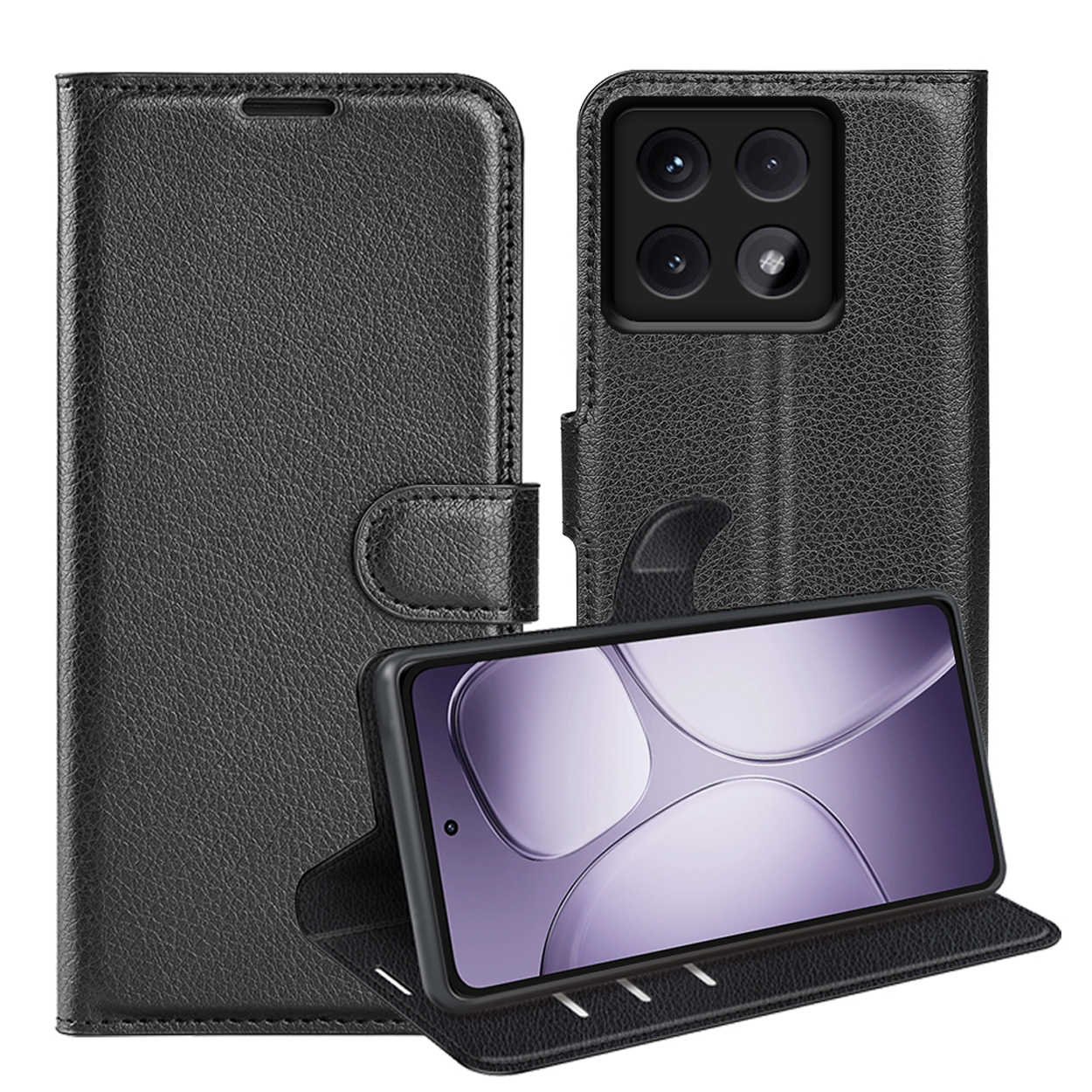Étui de téléphone noir ouvert. Le téléphone à l'intérieur est relevé. Le téléphone a une image colorée.