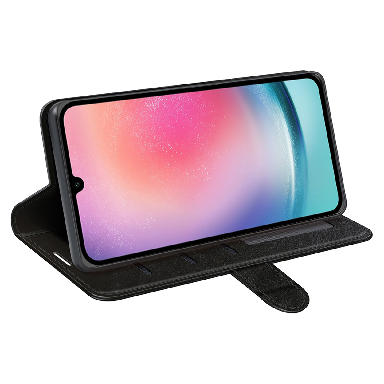 Zwarte telefoonhoes, open om een telefoon met een scherm te tonen. De hoes zelf is geopend.
