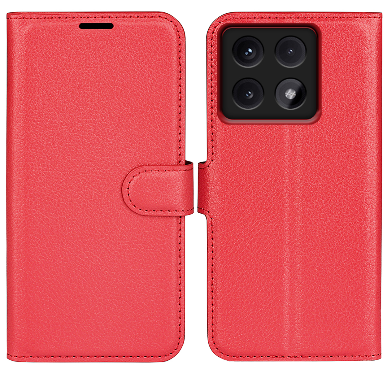 Étui de téléphone en cuir rouge, ouvert et fermé. L'étui est rouge, avec des coutures et un fermoir. La caméra du téléphone est visible.