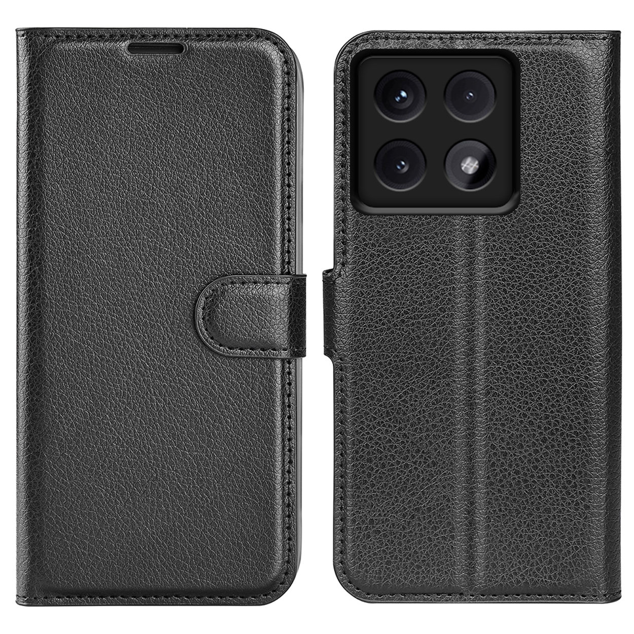 Étui de téléphone noir fermé, montrant l'étui avec l'appareil photo visible.