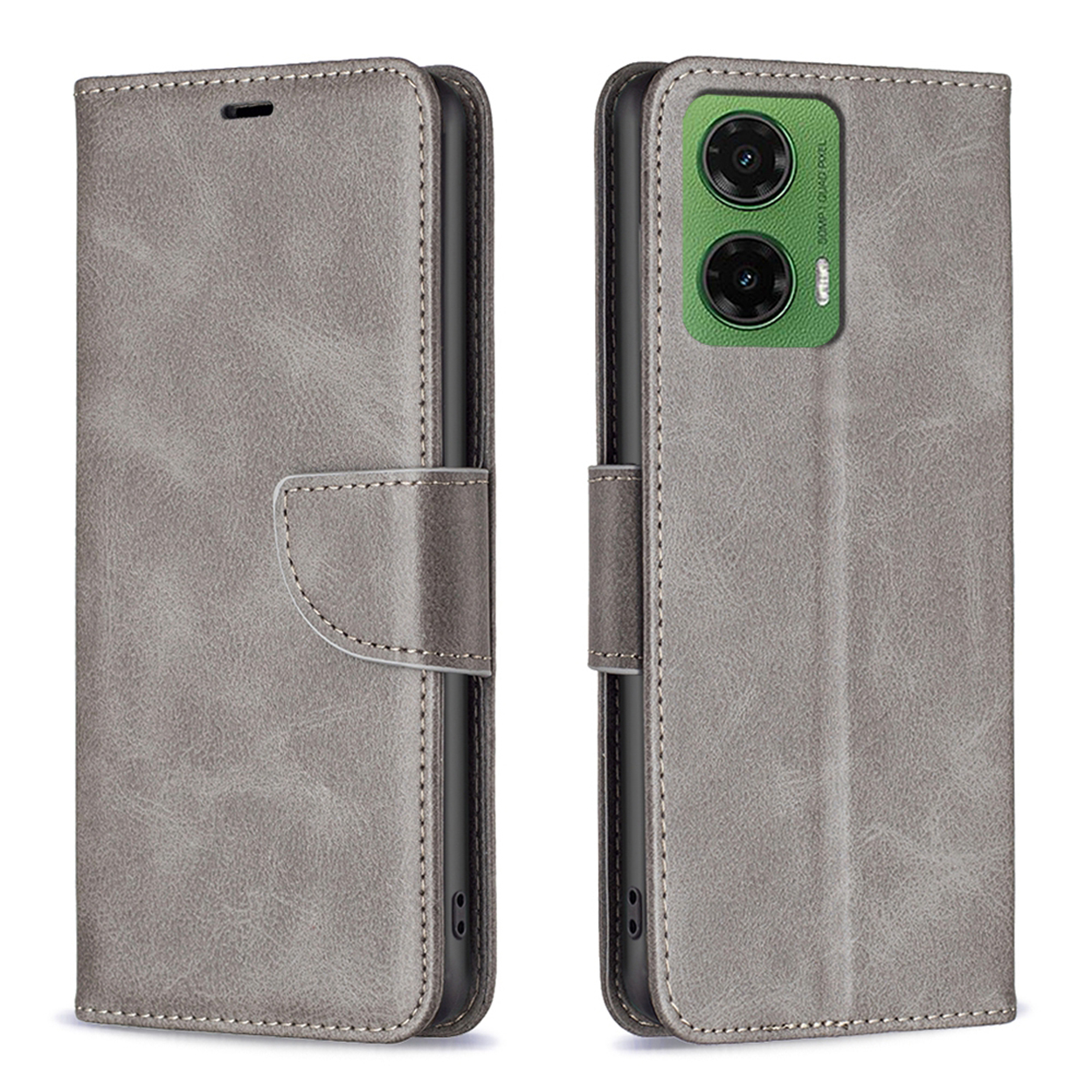 Étui de téléphone gris ouvert. L'étui est sur une surface blanche.