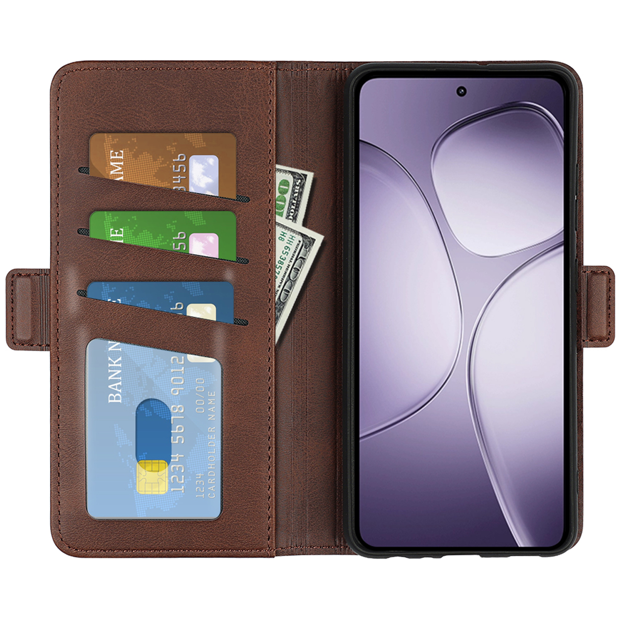 Bruine leren telefoonhoes met kaarten en geld zichtbaar. Een telefoonscherm is ook zichtbaar.