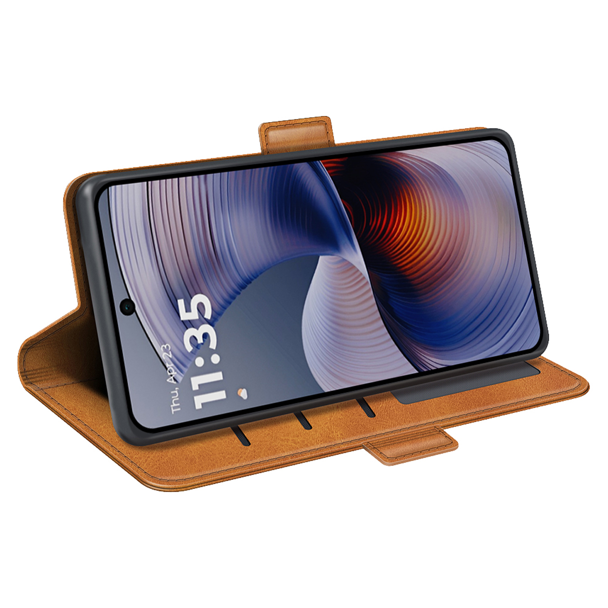 Een bruine telefoonhoes houdt een telefoon vast die 11:35 weergeeft. Het staat op een witte achtergrond.