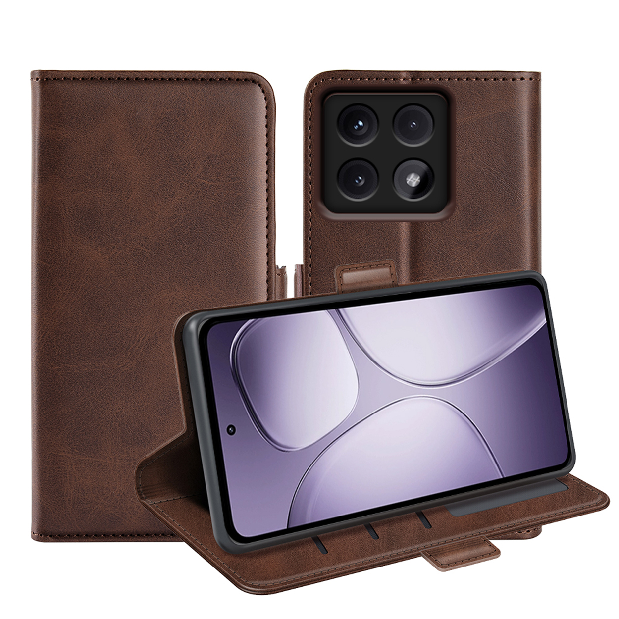 Bruine leren telefoonhoes, gedeeltelijk open, met telefoon. Telefoon zit in de hoes, met een paars scherm. De hoes is bruin.