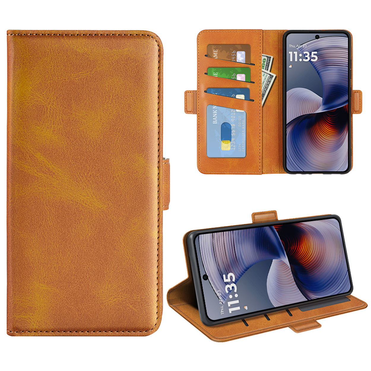 Bruine telefoonhoes met telefoon, kaarten en contant geld. Telefoon toont datum.