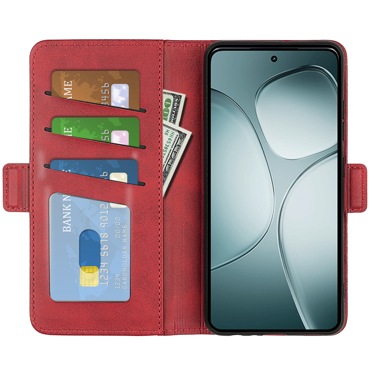 Rode telefoonhoes open met telefoon, kaarten en geld. Telefoonscherm toont een vage achtergrond.