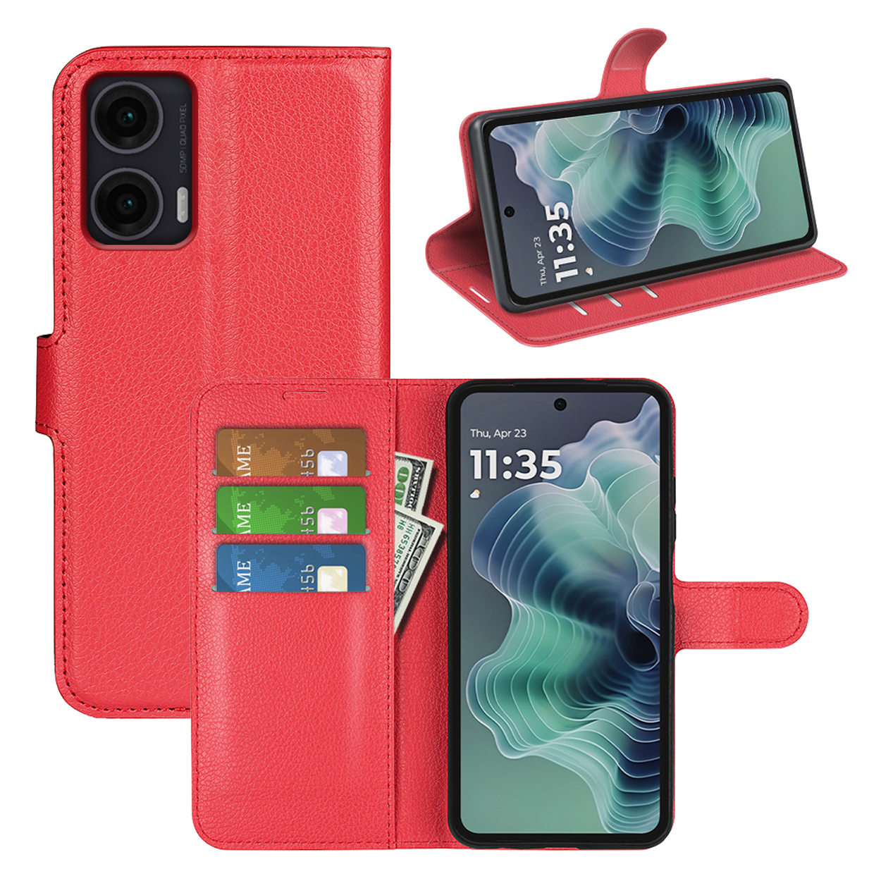 Rode telefoonhoes met telefoon, kaarten, contant geld en een andere telefoon op standaard met datum en tijd.