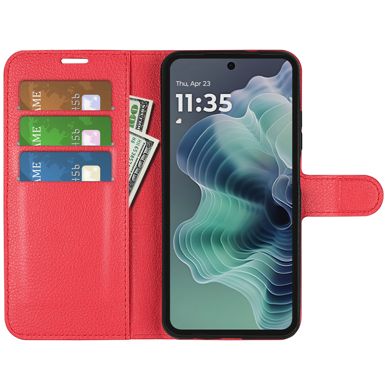 Een rode telefoonhoes is open. Binnenin geeft een telefoon de tijd 11:35 weer, met kaarten en geld.