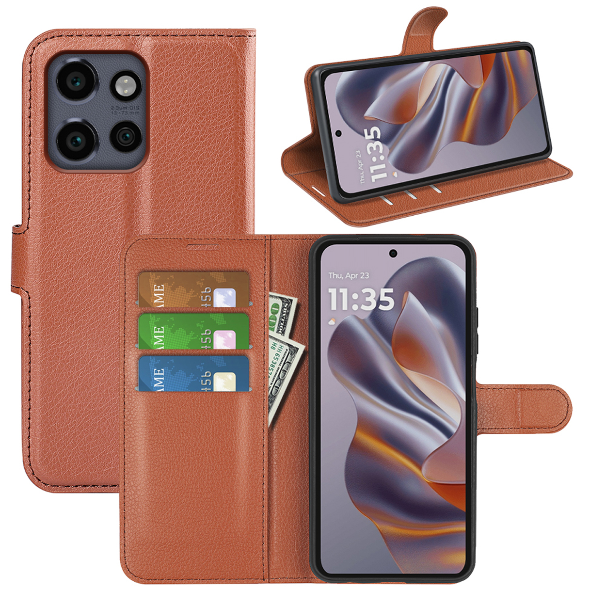 Telefoonhoes open met kaarten, geld en een telefoon. De telefoon toont tijd. Een telefoonhoes met camera.