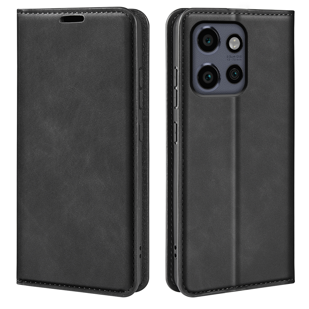 Coque de téléphone noire, fermée et ouverte. C'est une coque avec un module caméra.