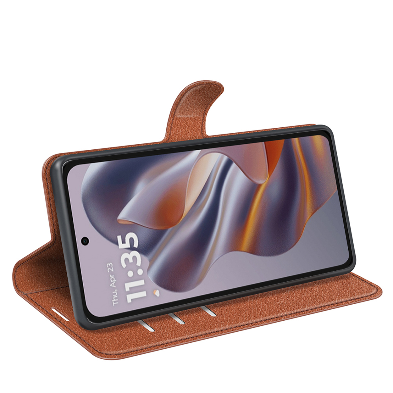 Bruine telefoonhoes open. Telefoon zit erin en toont 11:35 en donderdag 23 april.