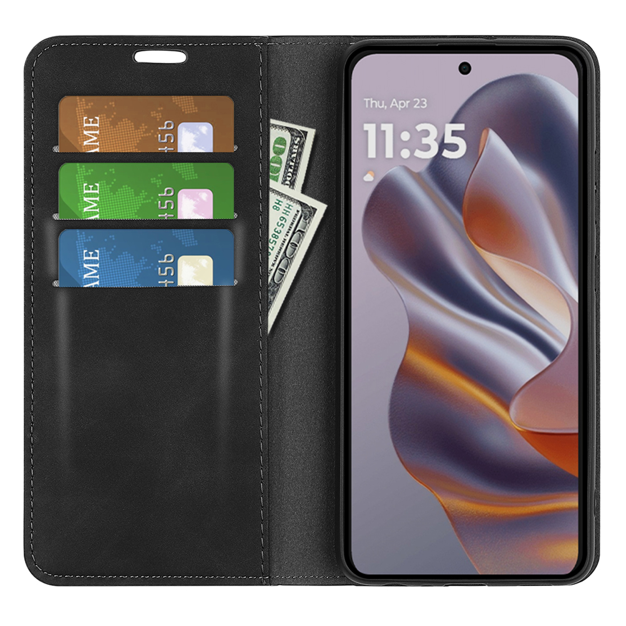 Étui de téléphone noir avec cartes, dollars et un téléphone affichant l'heure. L'étui est ouvert.