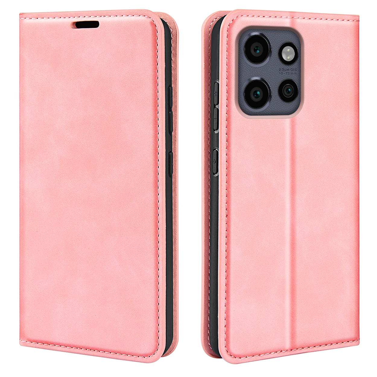 Étui de téléphone en cuir rose, fermé. L'étui du téléphone a une fermeture à bouton.