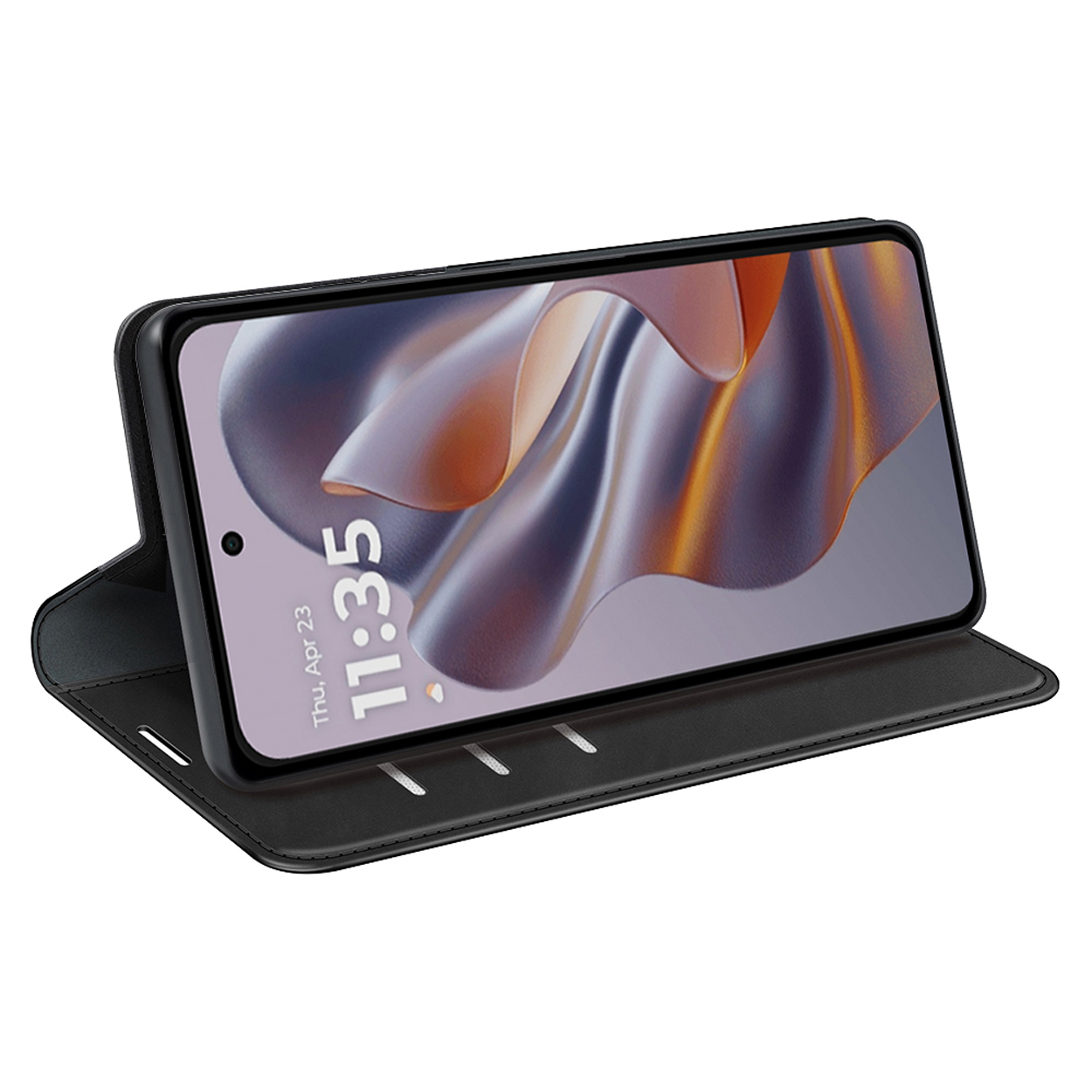 Étui de téléphone noir, ouvert pour afficher un téléphone affichant un écran. L'étui est ouvert.