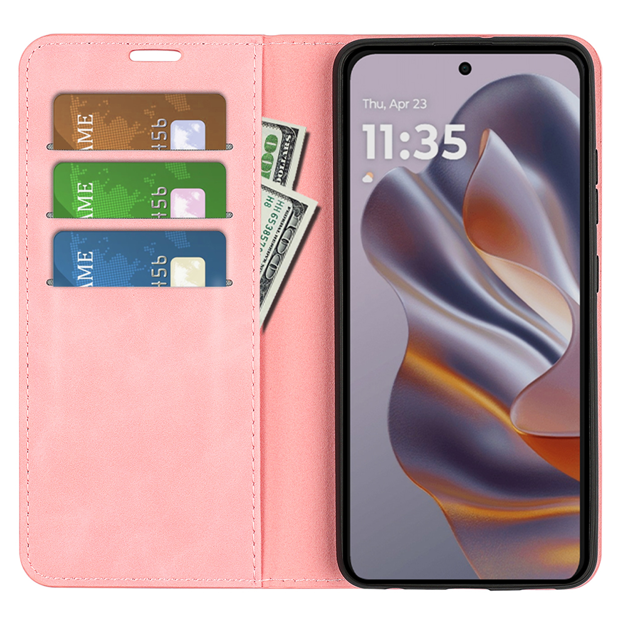 Étui de téléphone rose ouvert avec cartes et argent. Téléphone avec date et heure visibles.