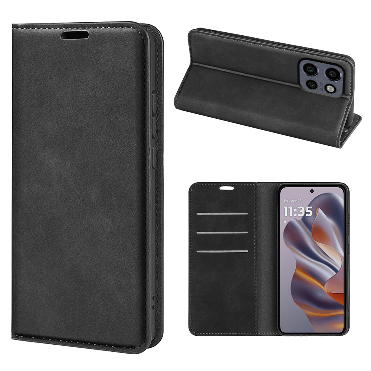 Coque de téléphone noire avec téléphone à l'intérieur, différentes vues. Fond blanc.