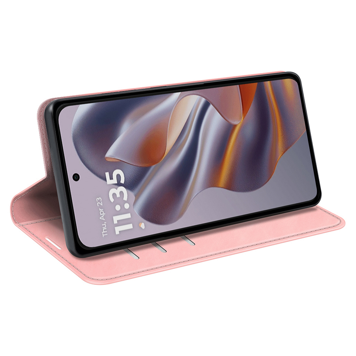 Étui de téléphone rose avec un téléphone à l'intérieur, affichant l'heure.