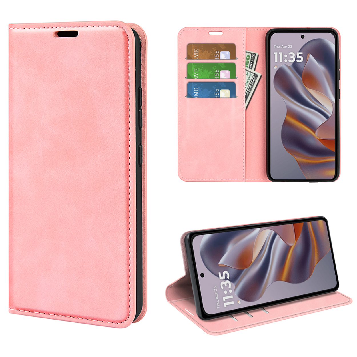 Étui de téléphone rose ouvert. Téléphone à l'intérieur avec 3 cartes et de l'argent.