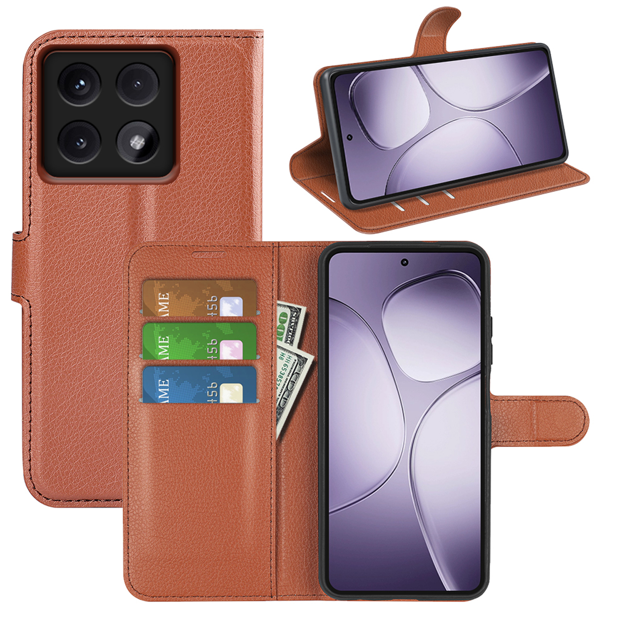 Étui marron avec cartes, argent et téléphone. Le téléphone affiche la date et l'heure. Téléphone suppl.