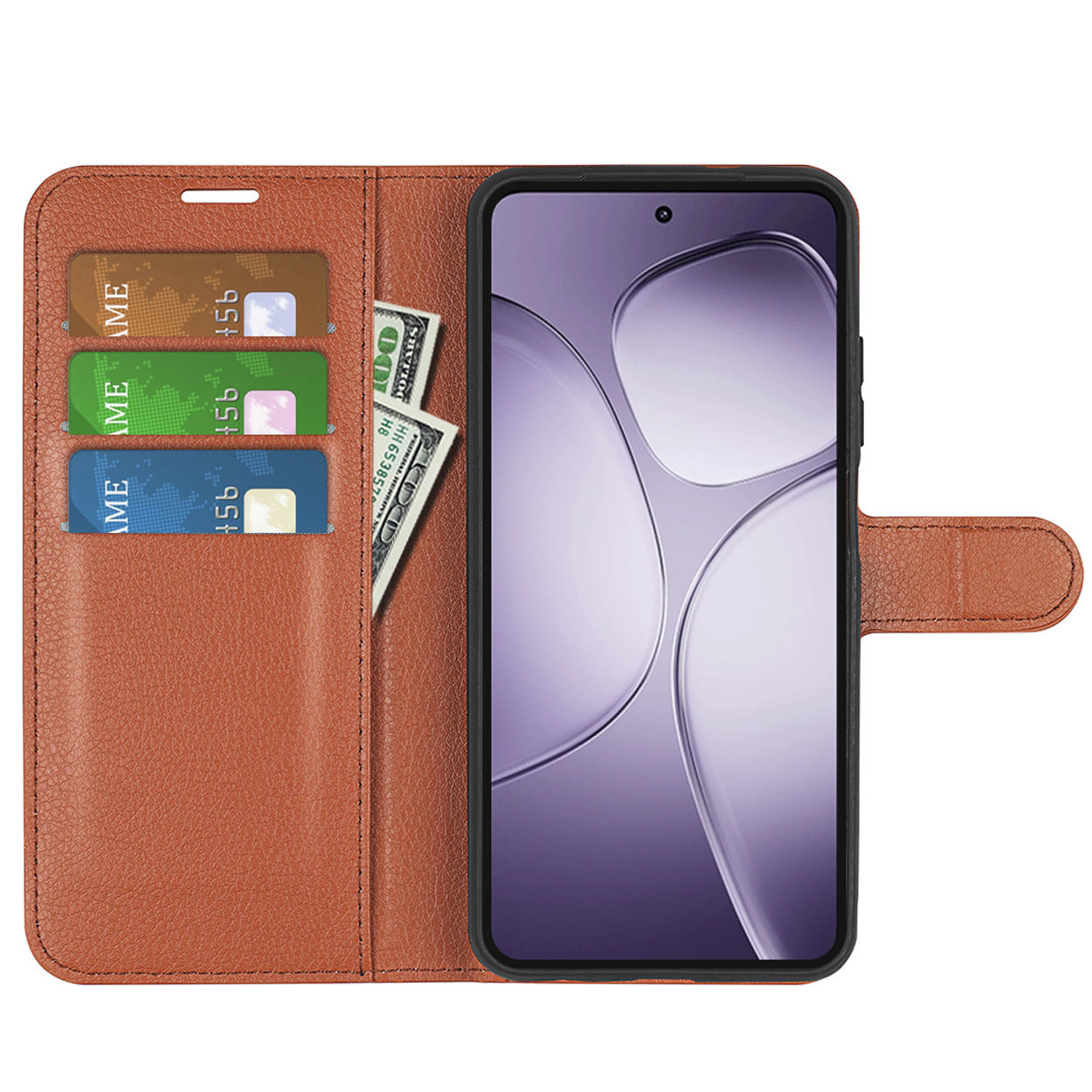 Étui de téléphone marron ouvert avec cartes et argent. Téléphone avec fond violet visible.