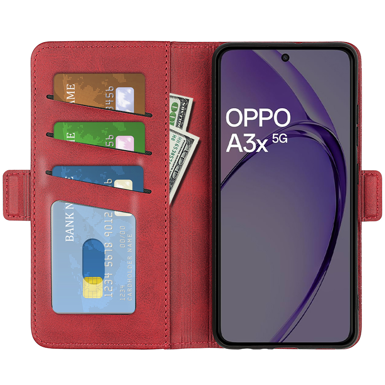 Rode telefoonhoes open, met kaarten, contant geld en telefoon. Telefoon toont Oppo A3x 5G.