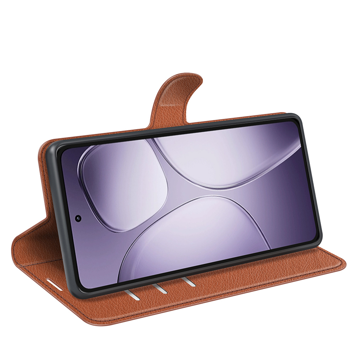 Étui marron ouvert, avec un téléphone à l'intérieur et écran incurvé.