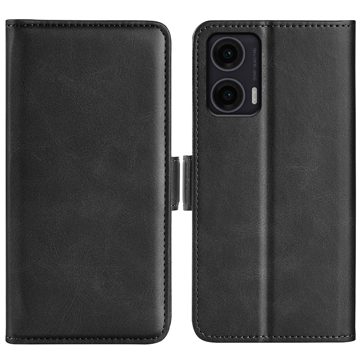 Étui de téléphone noir, ouvert et fermé. L'étui a des coutures et un fermoir. Caméra du téléphone visible. Cuir noir.