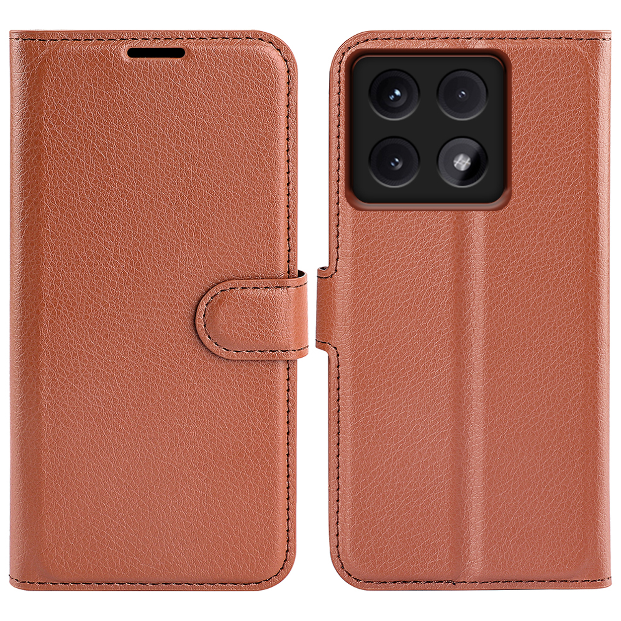 Étui de téléphone en cuir marron, ouvert. Téléphone avec quatre caméras visible.