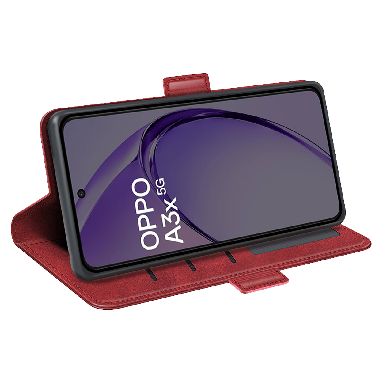Rode telefoonhoes met telefoon. Telefoon toont Oppo A3x 5G op het scherm.