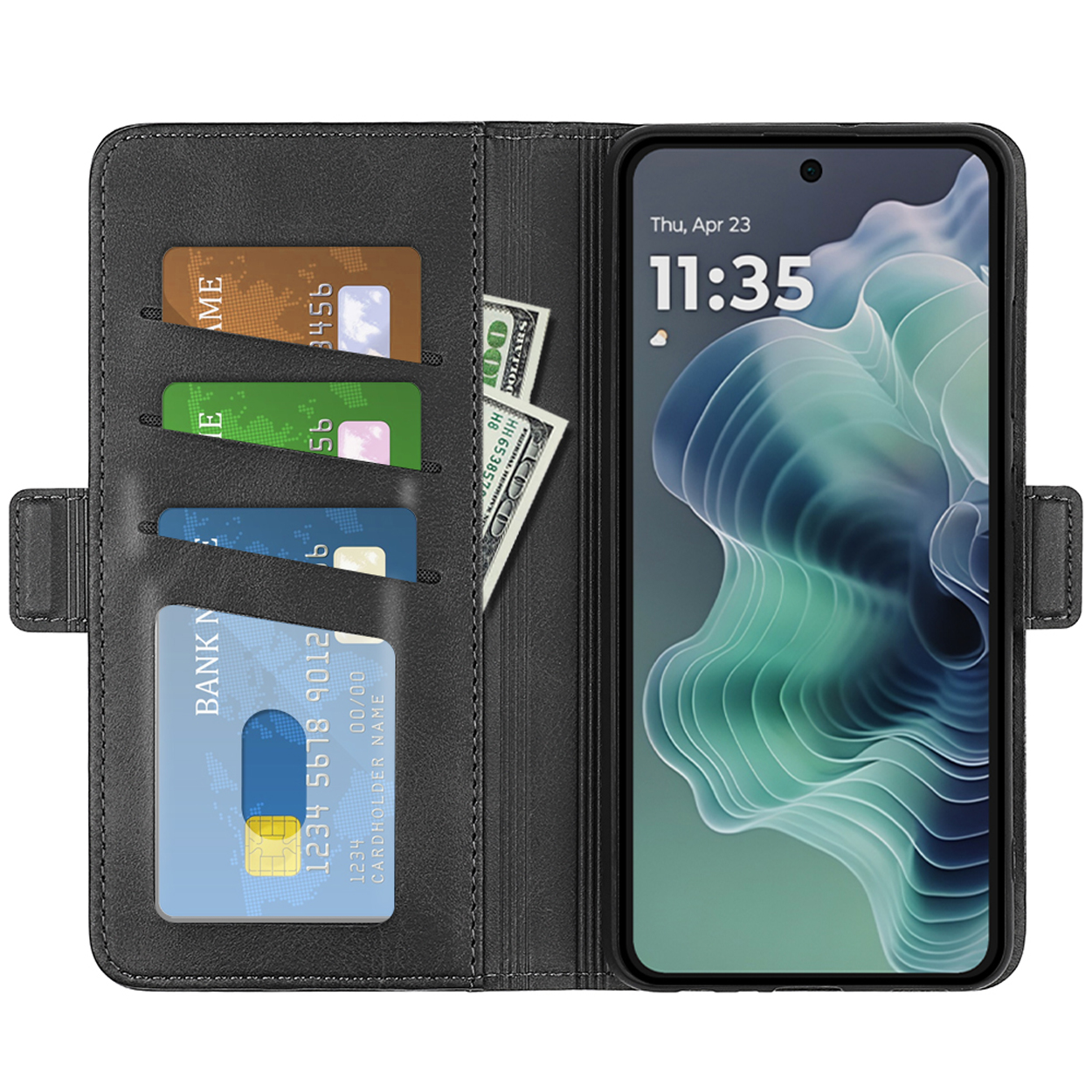 Étui de téléphone noir, ouvert, montrant des cartes, de l'argent et le téléphone. Le téléphone affiche l'heure et un design.