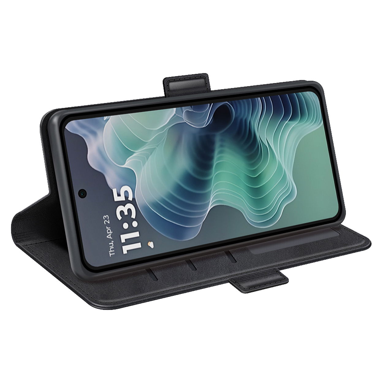 Un étui de téléphone noir est ouvert. À l'intérieur, un téléphone affiche l'heure 11:35, avec un fond blanc.