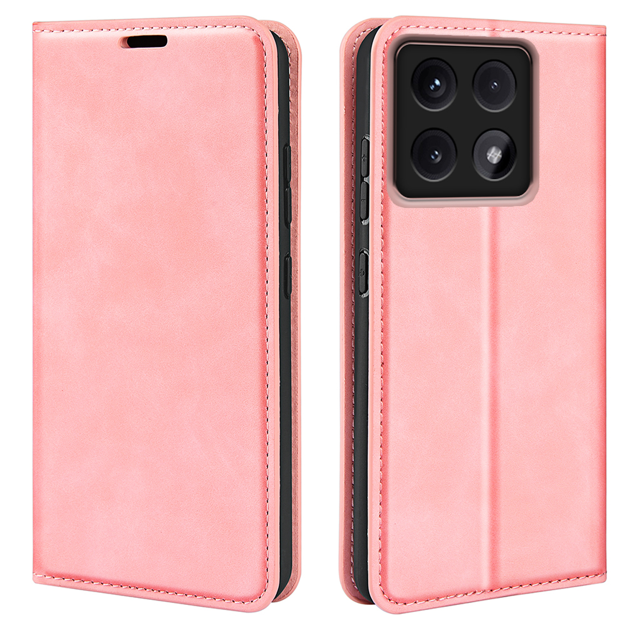 Een roze telefoonhoesje. De telefoon heeft meerdere cameralenzen. De hoes is gesloten en open.