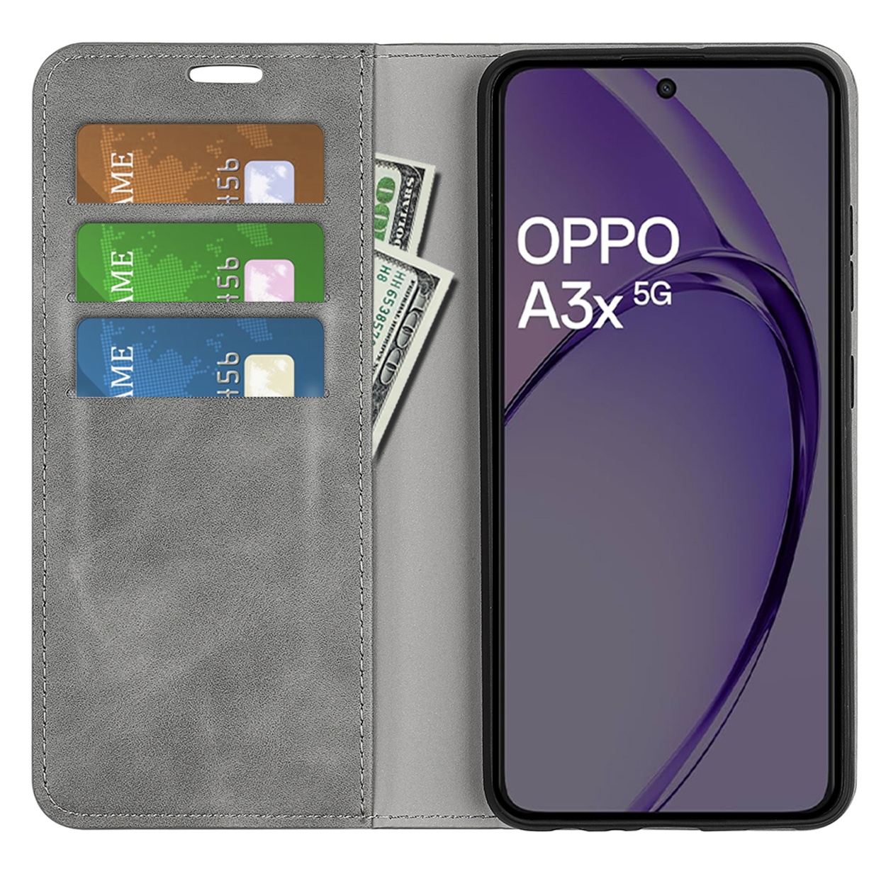 Grijze telefoonhoes met telefoon, kaarten en contant geld. Telefoon toont Oppo A3x 5G op het scherm.